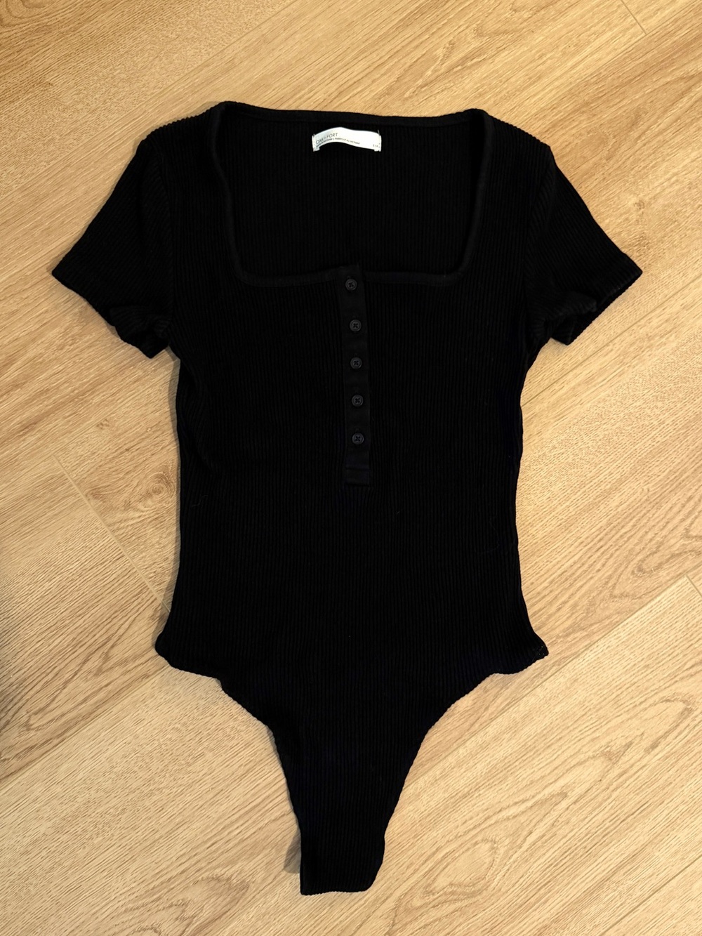 OAK + FORT Black Ribbed Square-Neck Button-Front Bodysuit